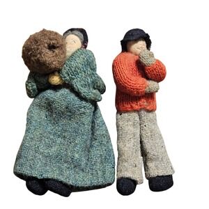 Vintage Wool Knit Handmade Folk Art Dolls Couple Primitive 6.5" Artisan